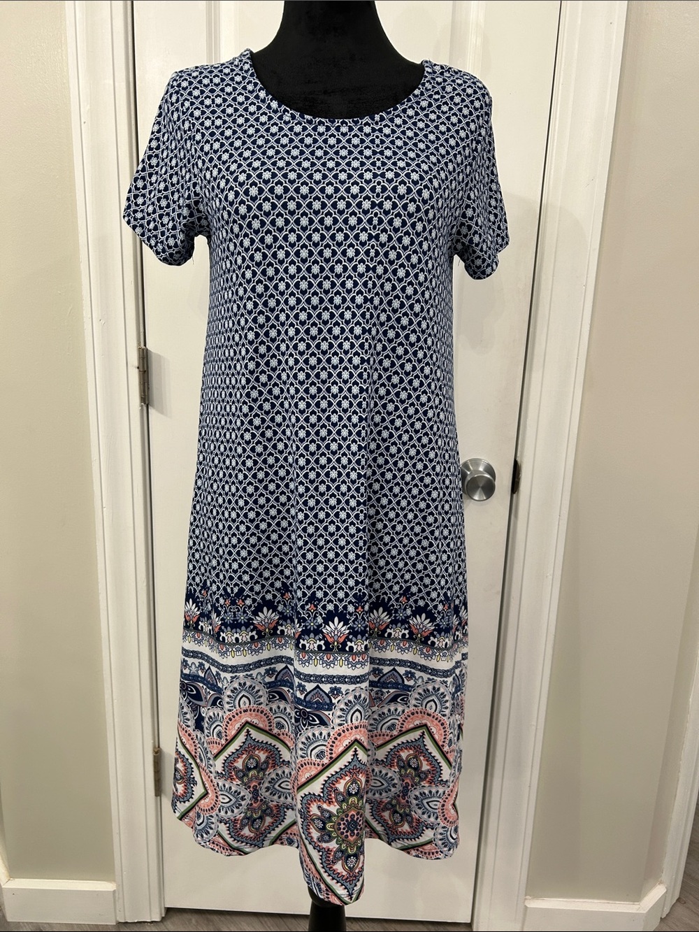 Navy & White Printed Short Sleeve A-Line Dress with Border Print